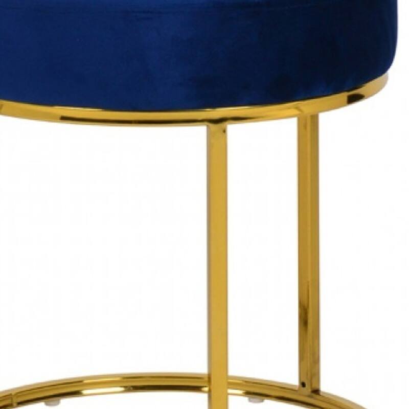 HomeRoots 16" Blue Velvet And Gold Round Footstool Ottoman