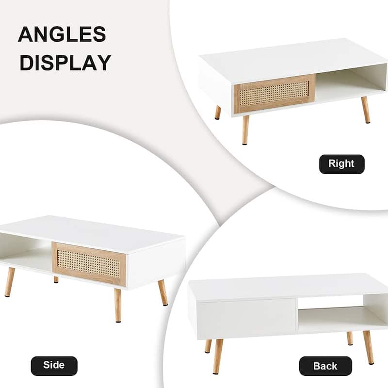 Rattan Coffee Table,Accent Table,Sliding Woven Door&Solid Wood Legs - 41.34"L x 21.65"W x 16.34H