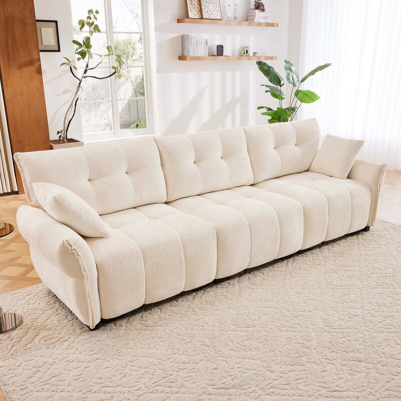 110.2" Chenille 4-Seat Sofa with Tufted Design & Sponge Cushions - White