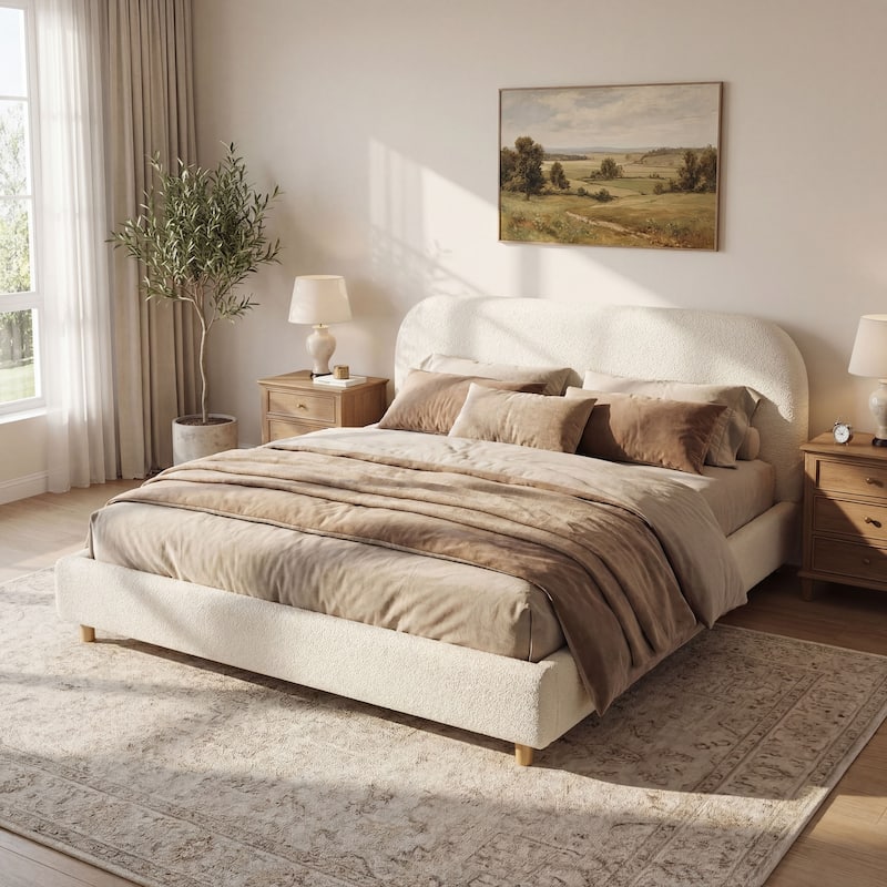 Christopher Knight Home - Eleanor Boucle Fabric Upholstered Platform Bed with Curve-Shaped Design