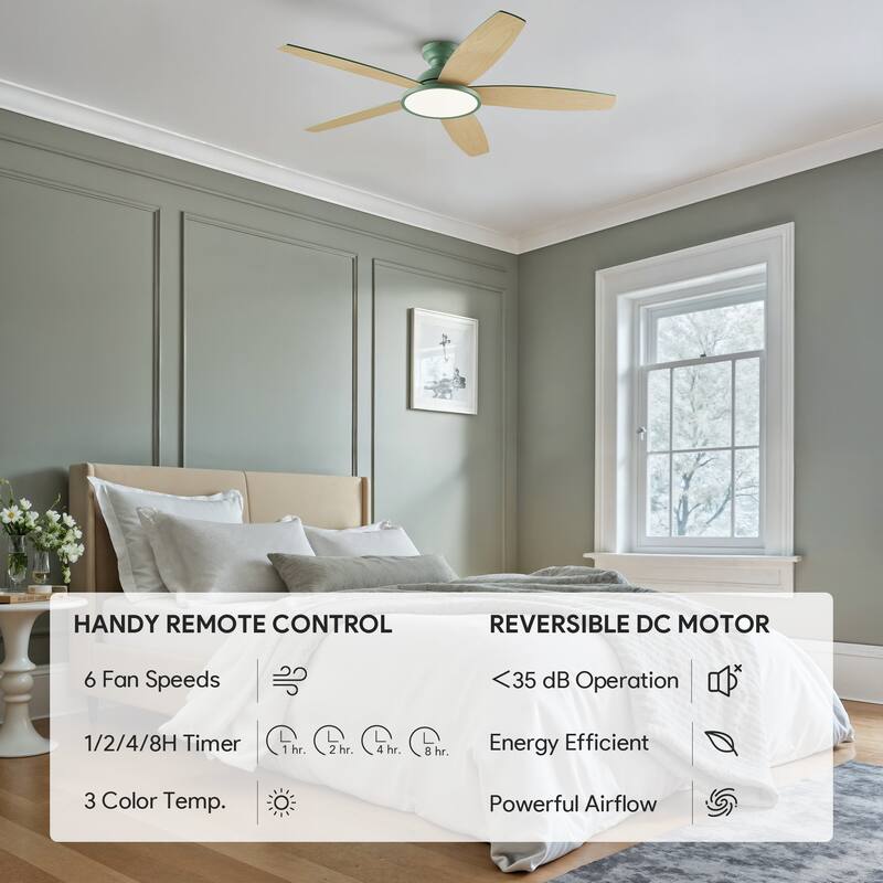 5 - Blade Low Profile Flush Mount Modern Ceiling Fan with 3CCT LED Light and Remote