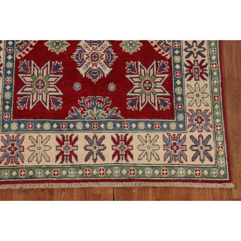 Kazak Oriental Area Rug Handmade Geometric Red Wool Carpet - 3'10" x 6'0"