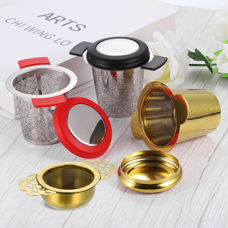 1 Pcs Tea Infuser Filter with Drip Bowl, Tea Strainer, Gold