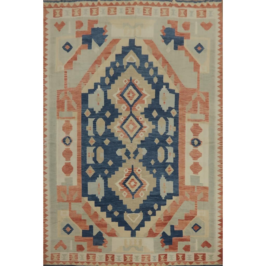 Hand Woven Southwestern Wool Blue Geometric Area Rug - 13' 0'' X 9' 9''