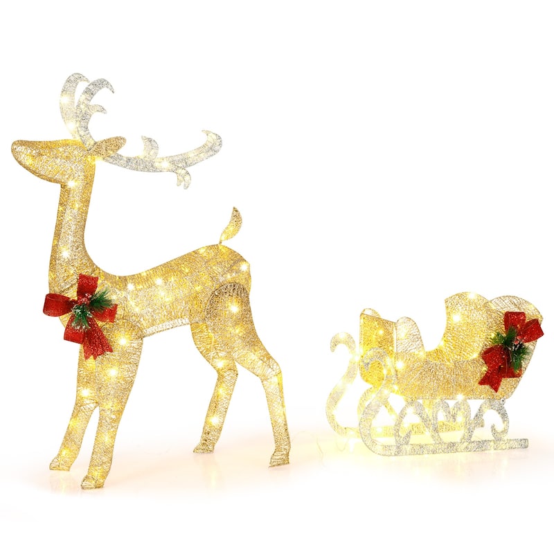 Costway Lighted Christmas Reindeer & Sleigh, Outdoor & Indoor - See Details - Gold