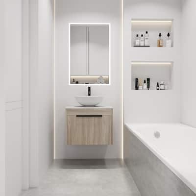 24 Inch Modern Design Float Bathroom Vanity With Ceramic Basin Set,Wall Mounted White Oak Vanity With Soft Close Door