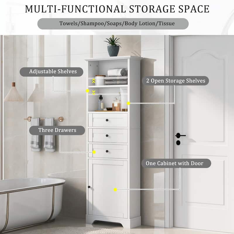 Tall Storage Cabinet with 3 Drawers and Adjustable Shelves for Bathroom
