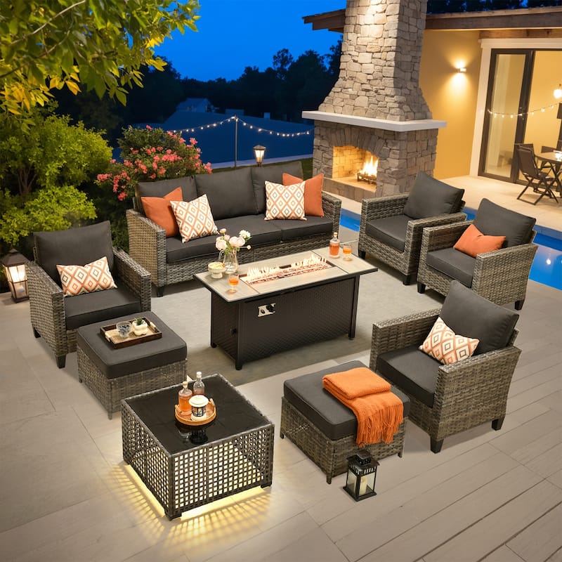 OVIOS 9 Pieces Patio Furniture Set with Solar-Powered Table & 54" Fire Table - Black