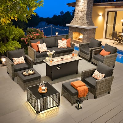 OVIOS 9 Pieces Patio Furniture Set with Solar-Powered Table & 54" Fire Table