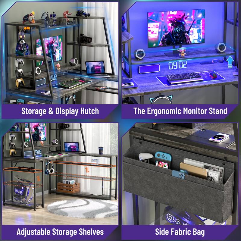 Ultimate L-Shape Gaming Desk with Hutch & Shelves, Reversible Computer Desk with LED Lights & Charging Station