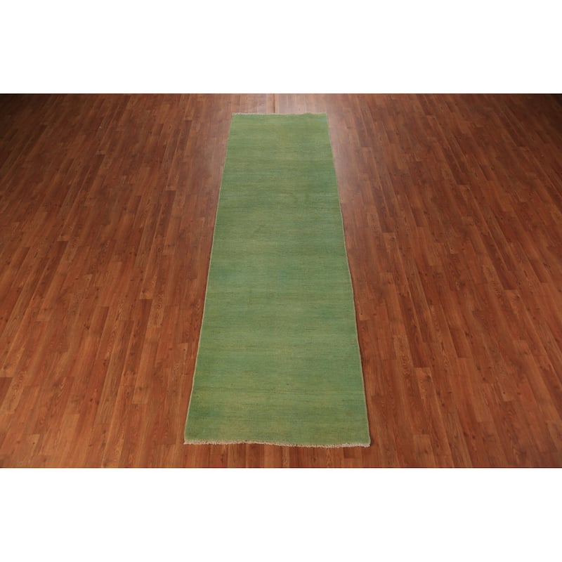 Green Modern Gabbeh Runner Rug Hand-Knotted Wool Carpet - 2'11" x 9'6"
