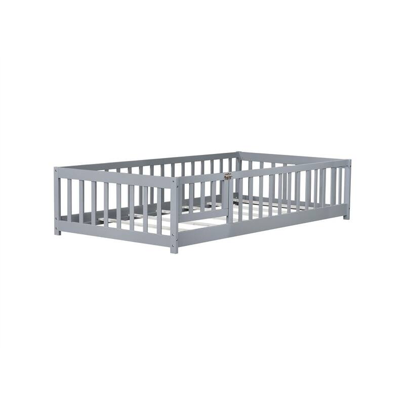 Twin/Full/Queen Size Floor Bed with Fence Guardrails and Door, Rubber Wood Toddler Bed Montessori Bed with Slats Support