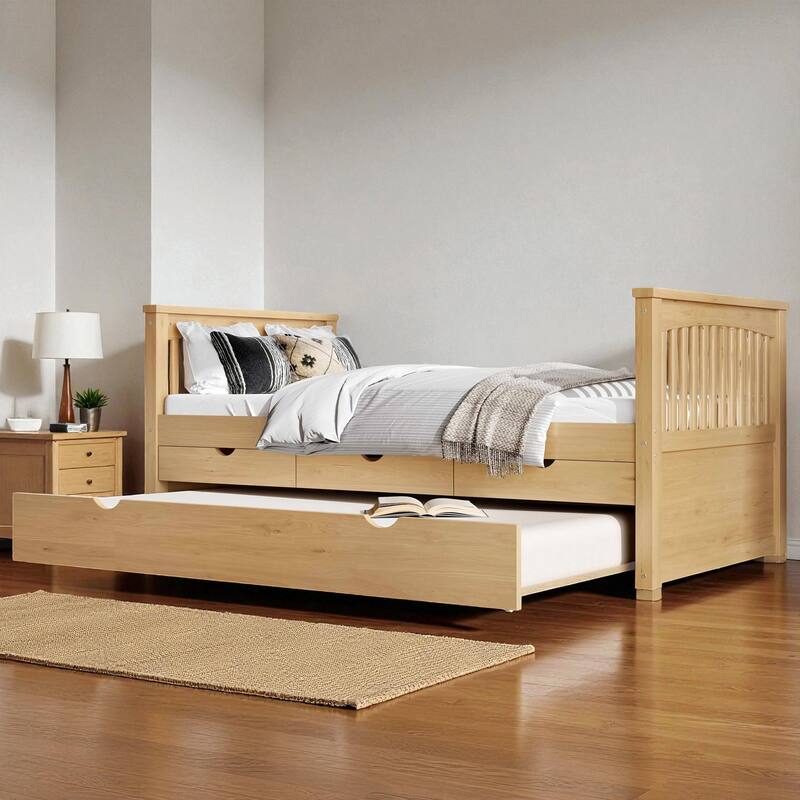Twin Solid Wood Platform Bed with Drawers and Trundle, Space-Saving Daybed Frame with Storage, No Box Spring Needed