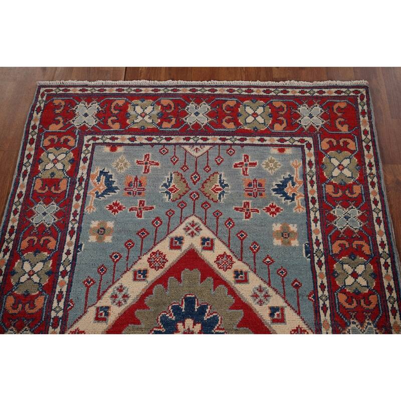 Light Blue Kazak Foyer Rug Hand-Knotted Wool Carpet - 3'3" x 4'11"