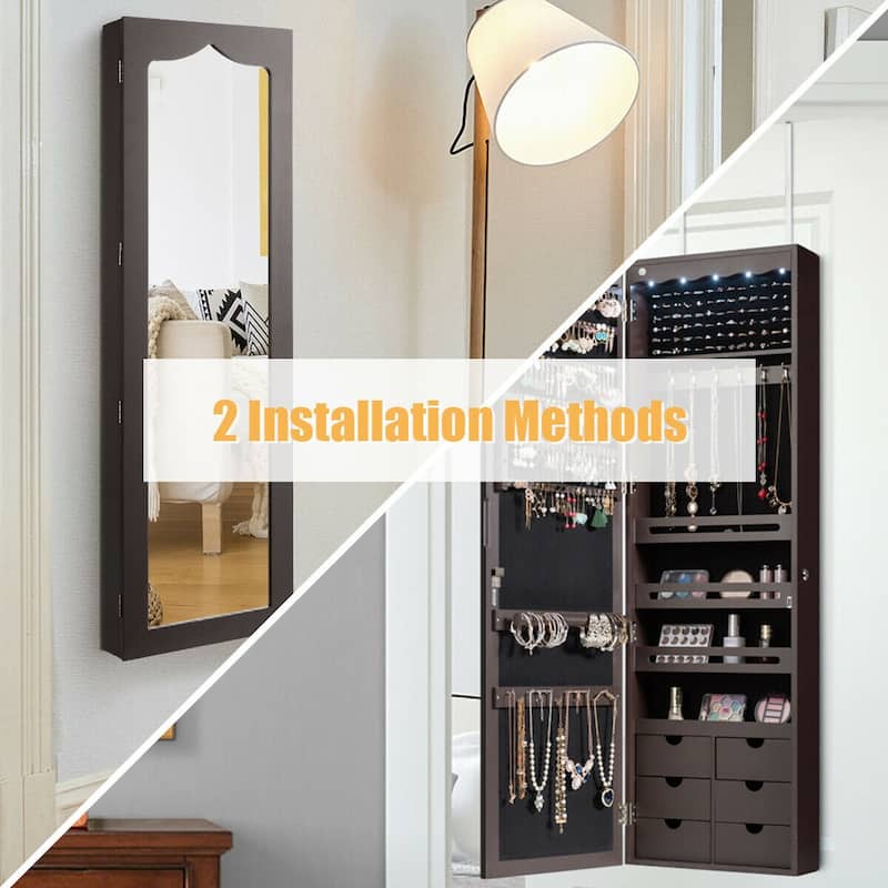 Gymax Lockable Wall Door Mounted Jewelry Cabinet LED Mirror Brown - See Details
