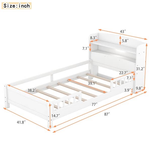 dimension image slide 1 of 2, Twin Size Platform Bed with Built-in LED Light, Solid Wood Platform Bed Frame with Storage Headboard & Safety Guardrail