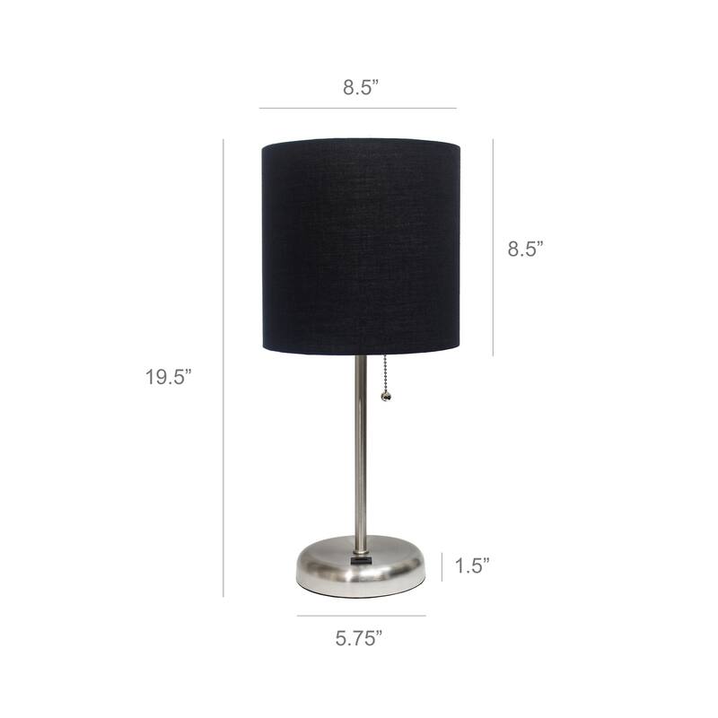 19.5 in. Brushed Steel Finish Table Lamp with Black Shade, Durable Stick Lamp for End/Side Tables, Set of 2