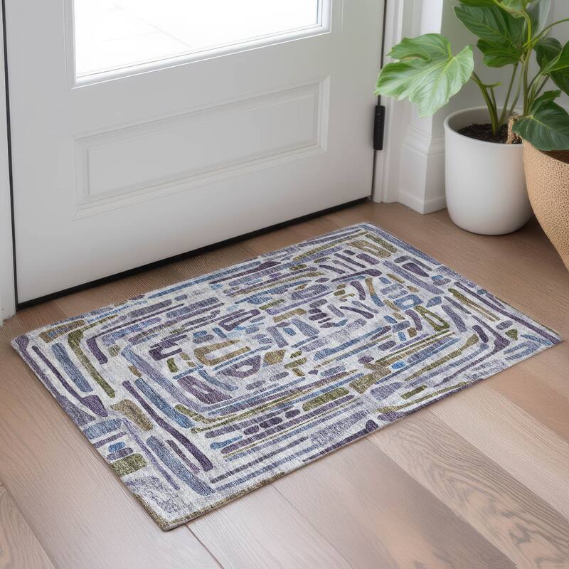 Machine Washable Indoor/ Outdoor Global Geo Chantille Rug