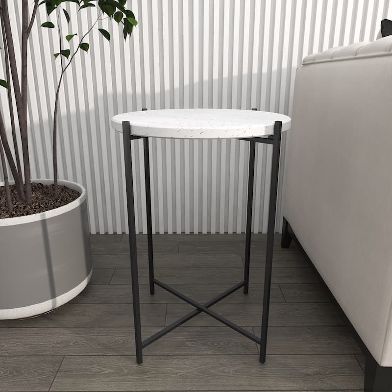 Terrazzo Stone Accent Table with Black Metal X-Stand - White - Roche River Decor