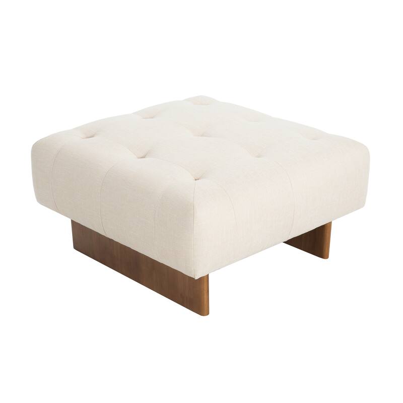 Square Upholstered Tufted Linen Fabric Ottoman, Solid Wood Legs, Beige