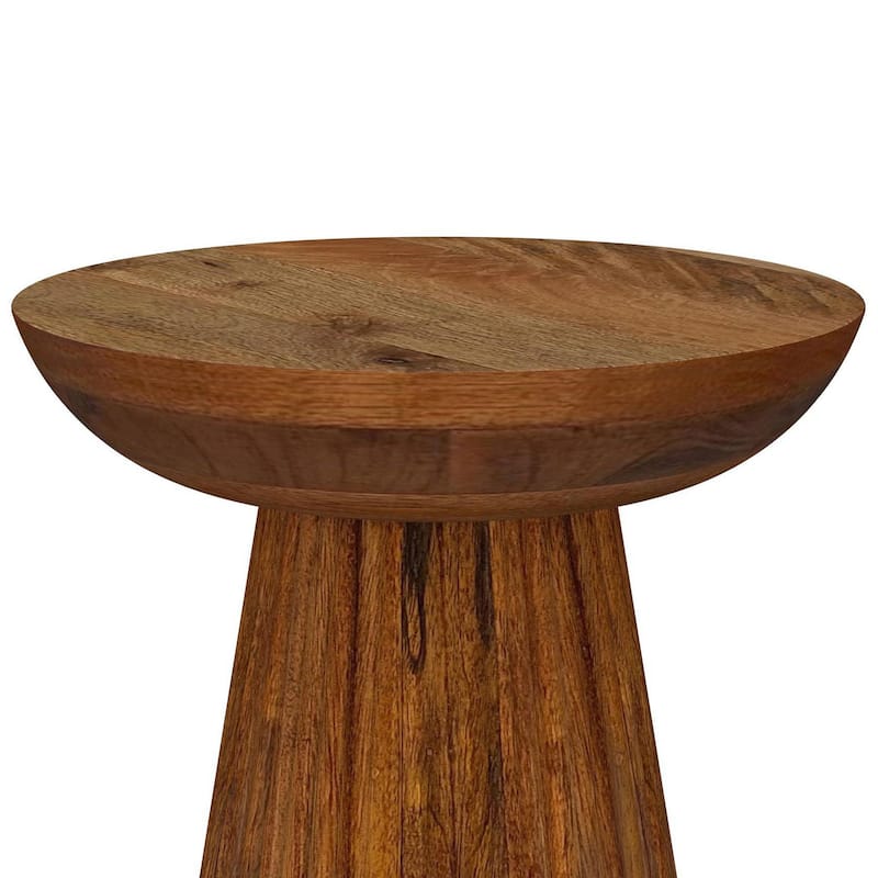 Ureo Round Accent Side Table, Cone Pedestal Base, Brown Mango Wood