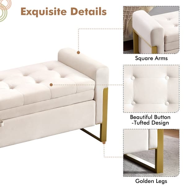 dimension image slide 3 of 4, 66" Storage Bench for Bedroom End of Bed with Single Lids and Gold Legs