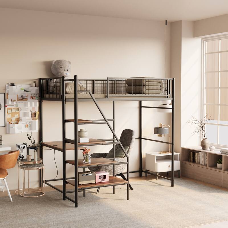 Loft Metal Bed with Built In Desk, Charging Station and LED Lighting