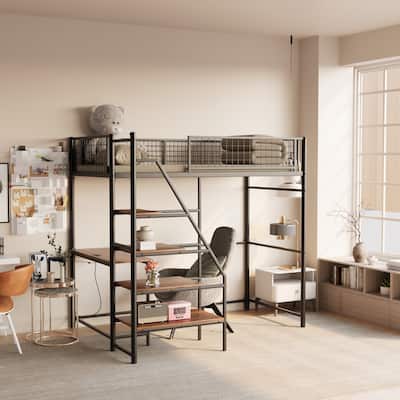 Twin Size Metal Loft Bed with Built-In Charging Station, LED Lighting and Storage Desk