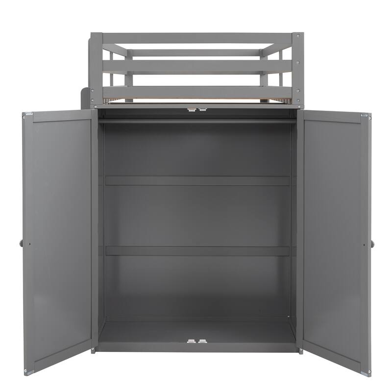 Multi-functional Pine Loft Bed with Desk, Wardrobe, Drawers, Shelves