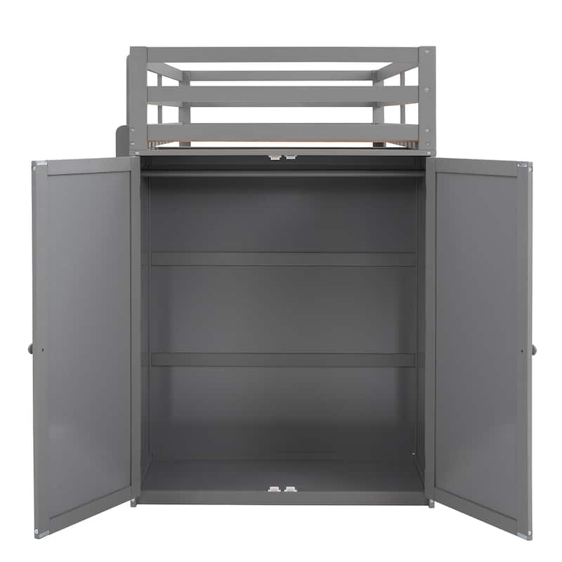 Twin size Loft Bed with Drawers,Desk,and Wardrobe-Gray