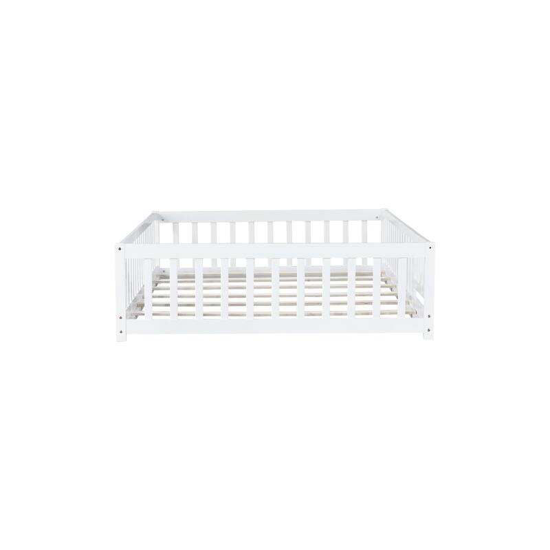 Full Size Floor Bed with Fence and Door,Rubber Wood Floor Bed with Safety Guardrails