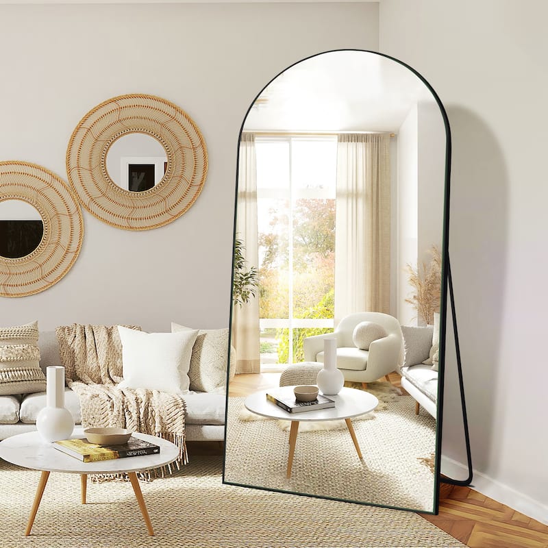 Arched Floor Mirror With Stand,Wood Frame Full Length Mirror,Wall-Mounted Mirror
