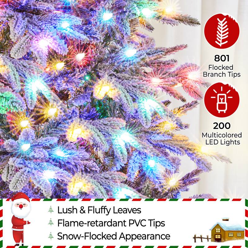 Yaheetech 4.5FT/6FT/7.5FT Pre-lit Snow Flocked Christmas Tree with 200 Multicolored LED Lights
