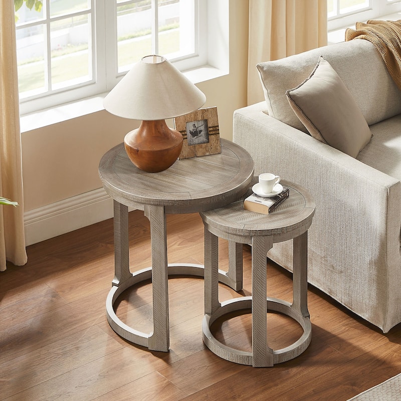 24 inch 2PCS Curved Traditional Round Circle Wooden Coffee Table Set - Light Brown