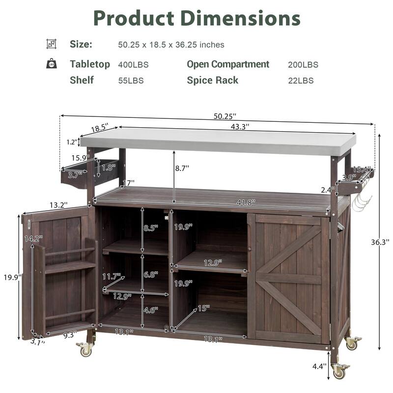 Chichoice Farmhouse Outdoor Kitchen Island with Stainless Steel Top on Wheels - Rolling Grill Cart with Storage for BBQ - N/A