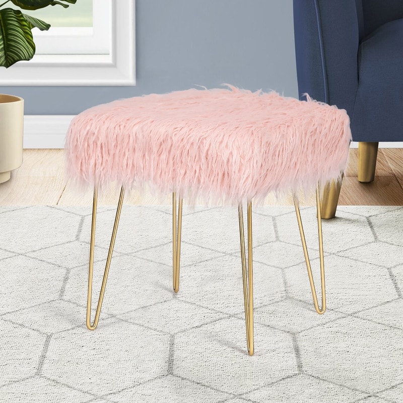 Adeco Faux Ottoman Vanity Stool with Metal Legs for Bedroom On