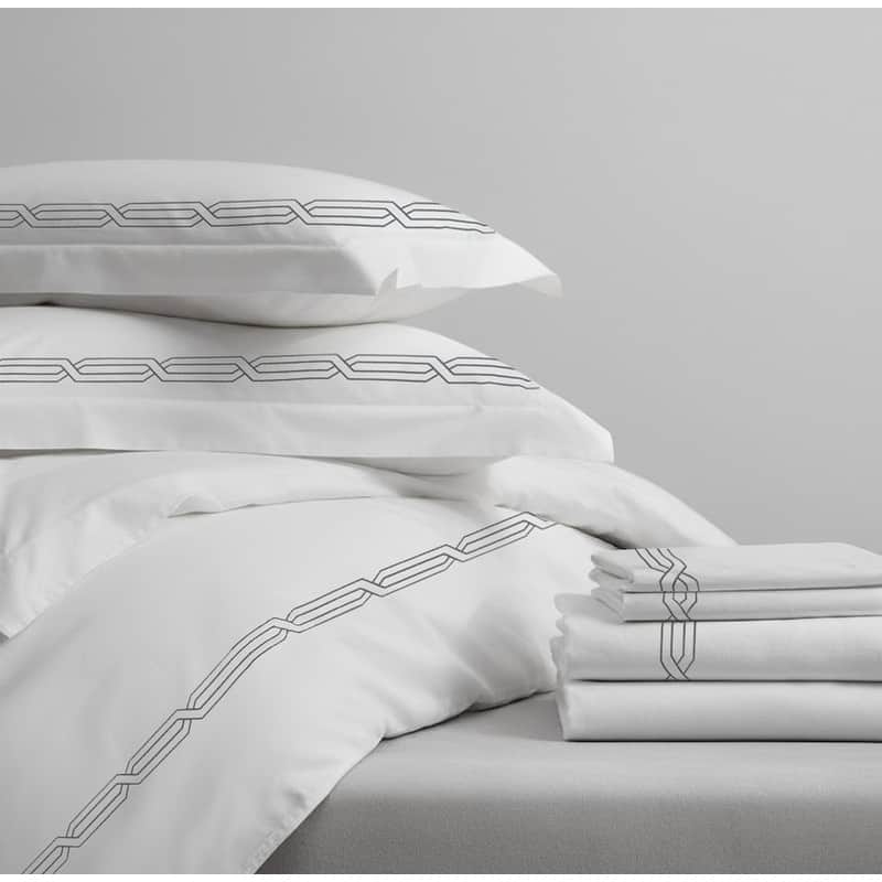 Superior LUX 7 PC Egyptian Cotton Embroidered Bundle - White-Charcoal - Queen