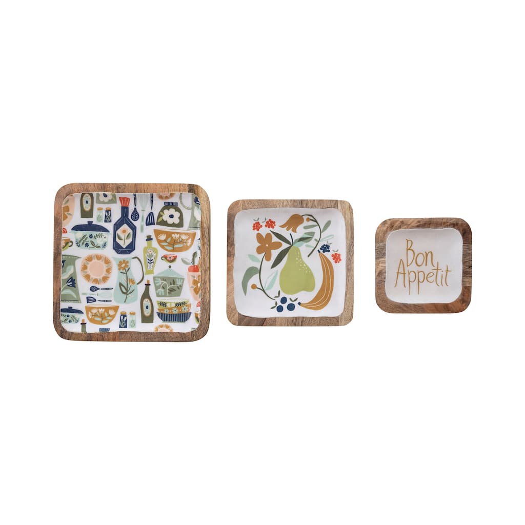 Enameled Mango Wood Trays with Kitchenware Pattern - 10.0"L x 10.0"W x 0.8"H - 10.0"L x 10.0"W x 0.8"H
