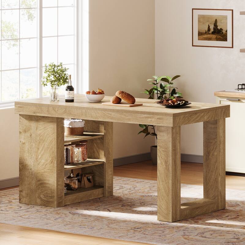 Kitchen Island with Storage Shelf, 55" Farmhouse Prep Table - Natural Wood