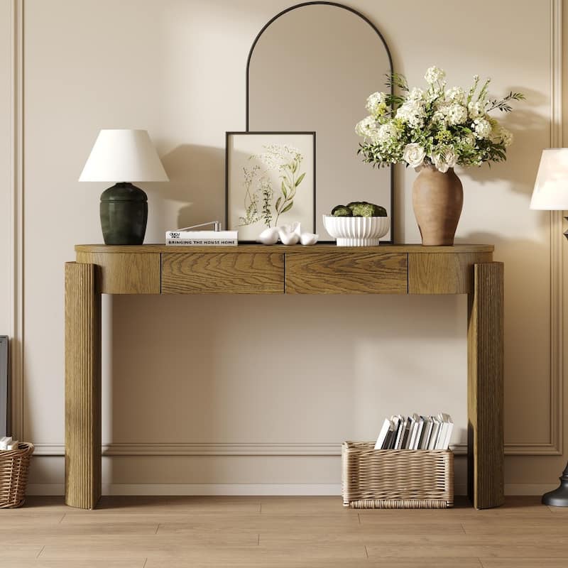 Modern Wooden Entryway Table with Oval Top and 2 Drawers for Living Room - Pine Wood