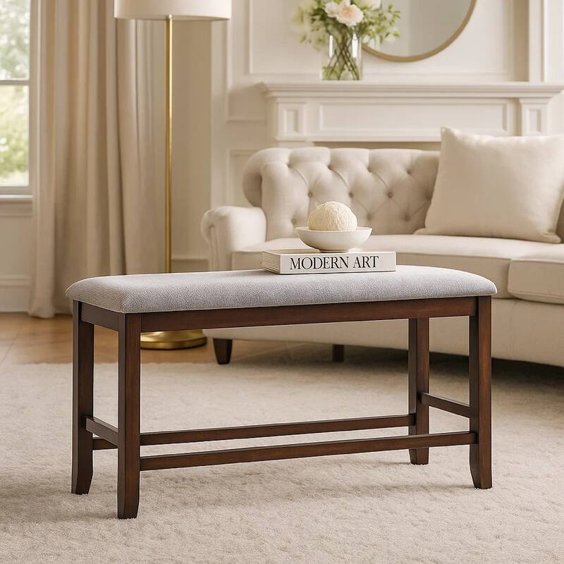 Counter Hight Dining Bench, White Fabric, Walnut Brown Wood, 46 Inch Seat