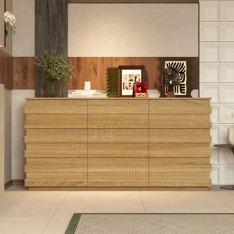 9 - Drawer Dresser Storage Cabinet: Light Wood Finish with a Modern Linear Design for Ample Storage