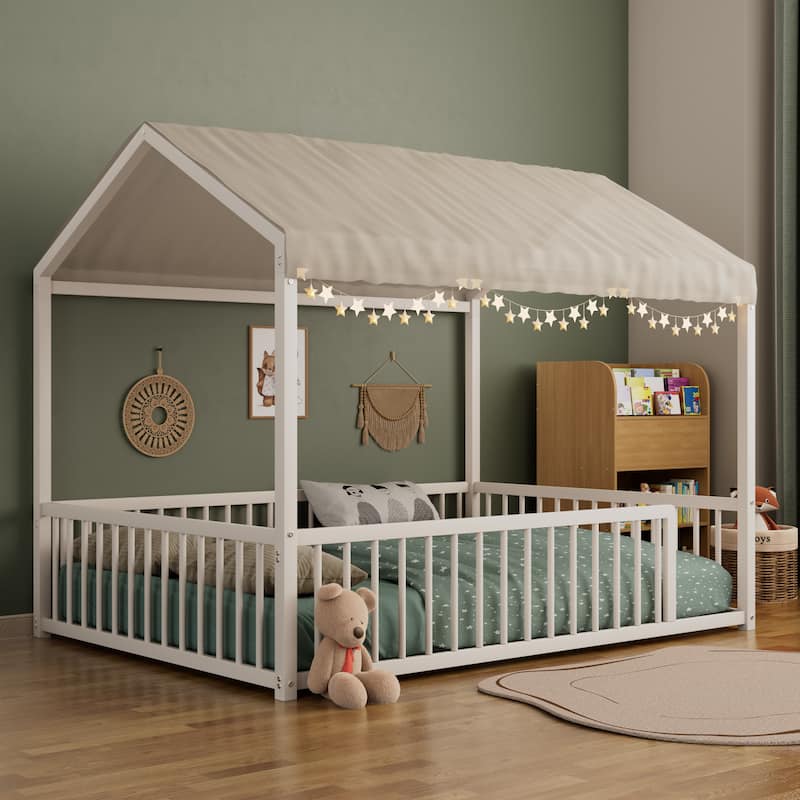 Montessori Style Metal Floor Bed Frame, House Shaped Bed for Kids and Toddlers, No Slats, House Bed