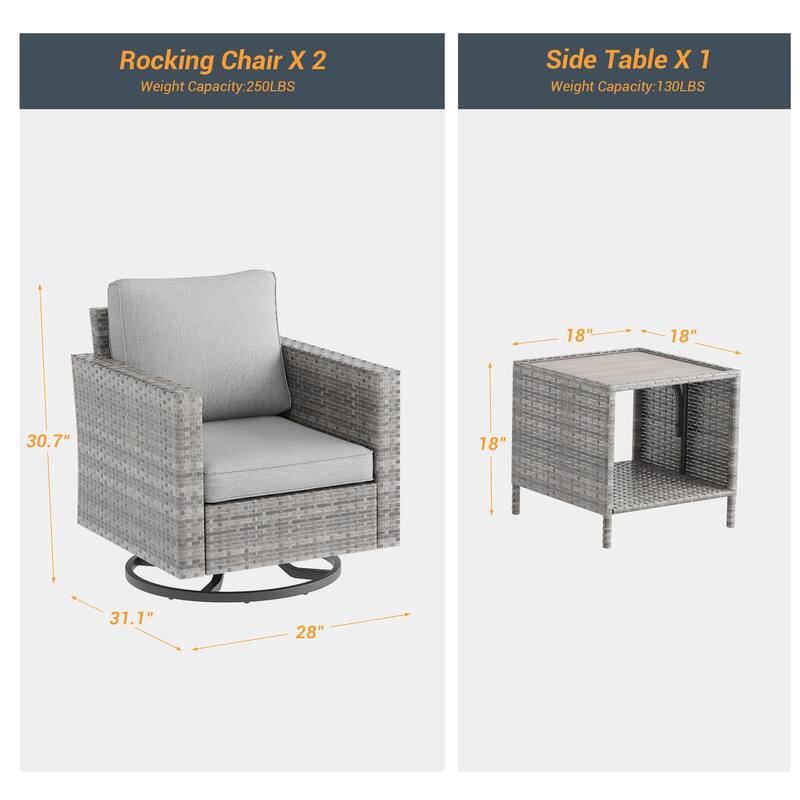 BONOSUKI 3Pcs Patio Swivel Rocking Sofa Set Grey Rattan w/Side Table