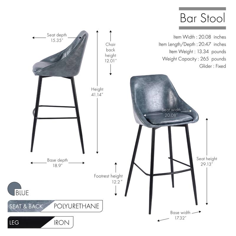 Porthos Home Umi Bar Stools Set of 2, PU Leather Upholstery, Iron Legs