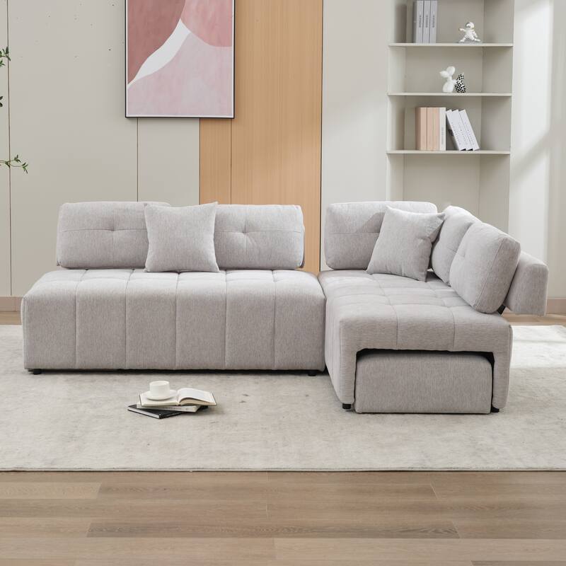 Grey 91.73" L-Shaped 4-Seat Sofa with Hidden Stools