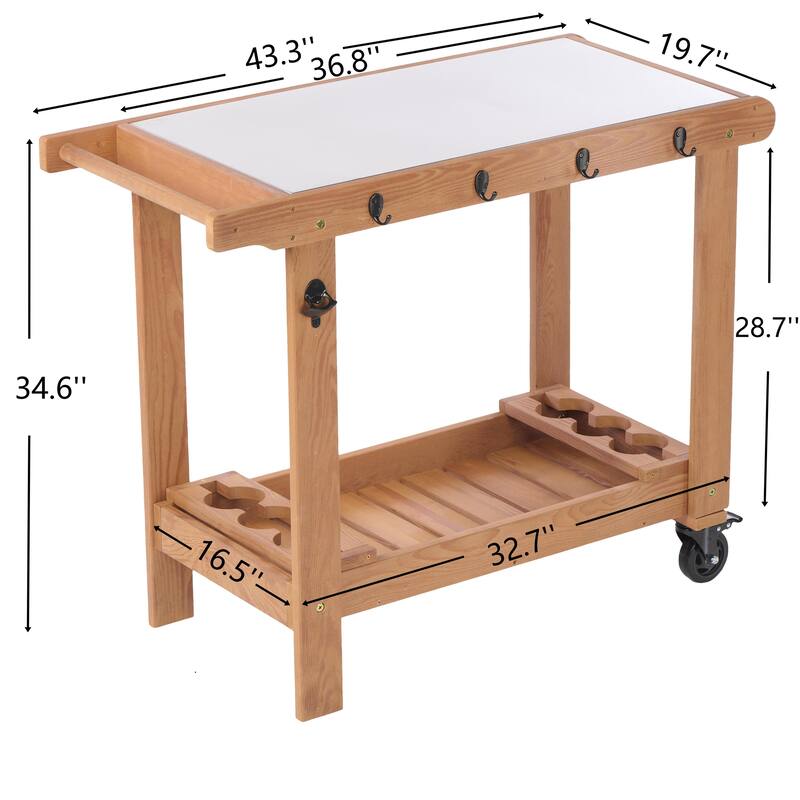 Outdoor Wooden Grill cart Table with Wheels, Metal Top and Storage, for Patio Backyard Garden BBQ - Brown