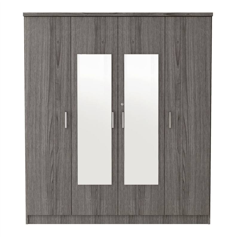 4 Doors Wardrobe Armoire with Mirror, Freestanding Armoire Wardrobe Closet w/ Drawer, Shelves & Hanging Rod, Clothes Organizer