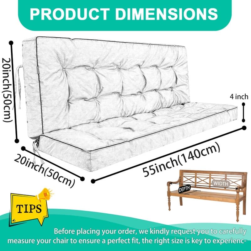 Outdoor Swing Cushions 55 inch, Waterproof Porch Swing Cushions 3 Seater Replacement with Backrest, 4" Thicken Bench Cushion
