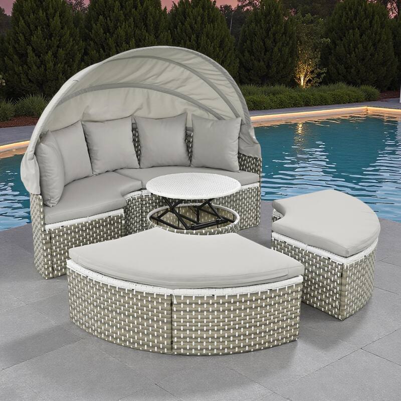 4-Pieces Outdoor Patio Rattan Round Daybed Sunbed with Retractable Canopy and Table